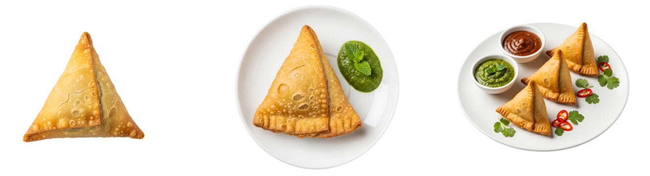 Three images of samosas served on white plates with dips and garnish in a studio setting view from above on transparent background