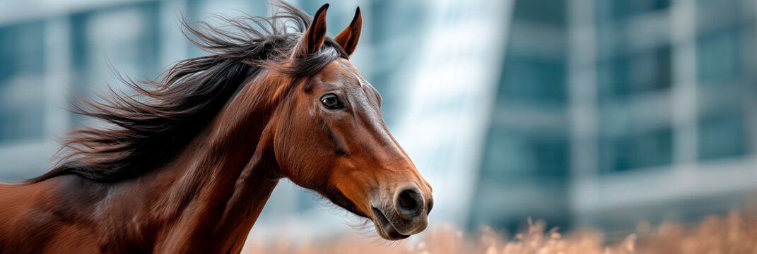 Majestic brown horse in profile with flowing mane and blurred urban background, graceful and powerful equine portrait. - Powered by Adobe