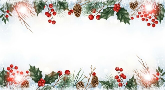 Zarte winterliche Zweige mit Beeren und Zapfen rahmen eine helle Fl&auml;che leicht und festlich ein Generative KI