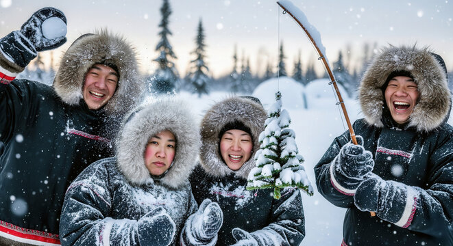 Cheerful group of Inuit in fur-lined parkas enjoy winter fun, laughing and holding a snowy Christmas tree on a fishing rod in the snow.