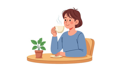 Vector illustration of a young woman enjoying a hot cup of coffee or tea while sitting at a table with a small plant