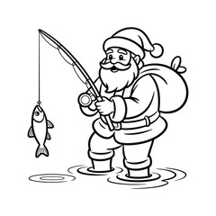 Santa Claus Fishing Through Ice with a Fish on his Line Art christmas ice fishing