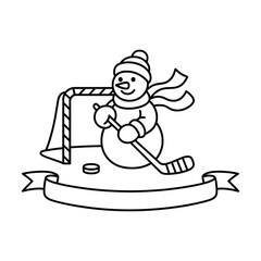Snowman Playing Hockey with Stick and Puck near Goal winter sport