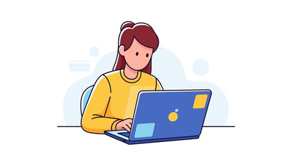 Woman in a yellow sweater using a laptop at a desk with a minimalist background
