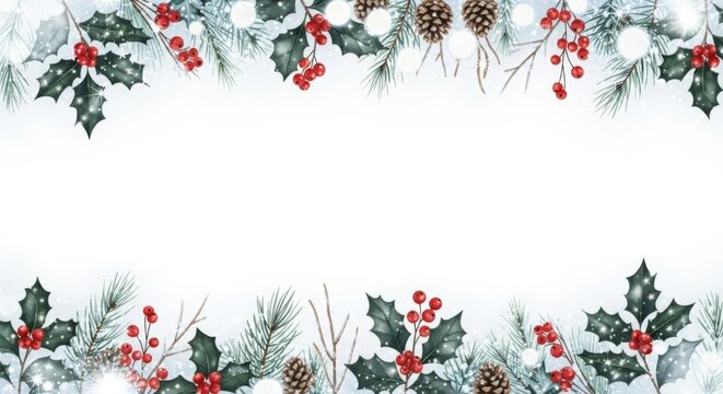 Ein winterlicher Rahmen aus Stechpalme Beeren Zapfen und Tannenzweigen umgibt eine helle Fl&auml;che f&uuml;r festliche Botschaften. Generative KI