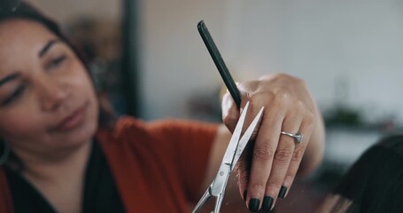 Salon, women and scissors for trim, hands and hairdo with tools, skills and consultation with client. Hairdresser, haircare and hairstyle with equipment in startup, people and haircut for customer