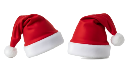 Pair of classic red and white Santa Claus hats isolated on a pure white background. Essential Christmas and holiday season headwear for festive decorations and design projects.