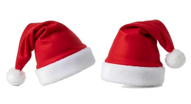 Pair of classic red and white Santa Claus hats isolated on a pure white background. Essential Christmas and holiday season headwear for festive decorations and design projects.