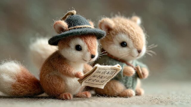 Two squirrels reading book close up animal portrait illustration