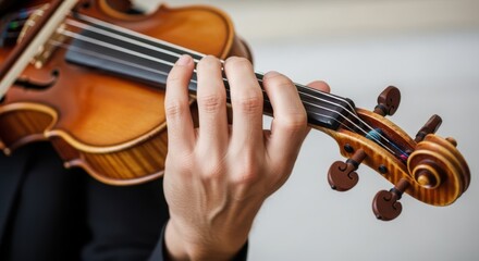 Woman playing classic violin. Musical instrument with female hand pressing string. Music education, performance, concert, hobby concept.