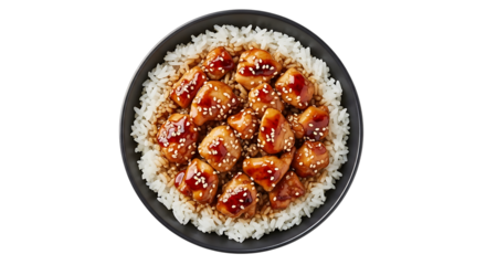 Bowl of white rice topped with glazed chicken pieces sprinkled with sesame seeds, isolated on a transparent background, cutout, PNG