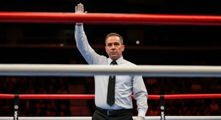 Man referee raising his hand in a boxing ring, signaling a break in action during a fight. Sport event official for boxing, fighting, and martial art competition.