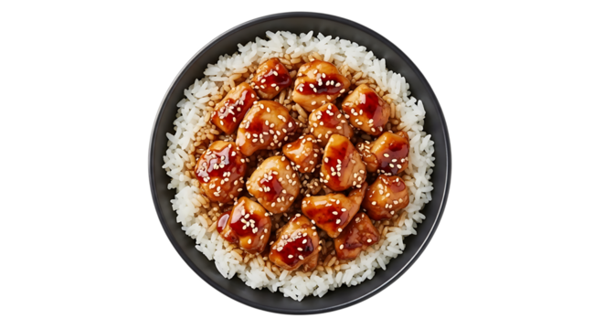Bowl of white rice topped with glazed chicken pieces sprinkled with sesame seeds, isolated on a transparent background, cutout, PNG