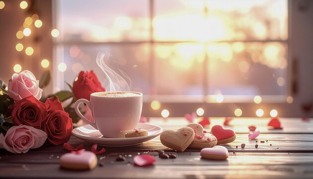 Romantic Valentine's Day café scene featuring a steaming coffee cup on a dark wooden table next to a bouquet of red and pink roses. The composition includes heart-shaped cookies - Powered by Adobe