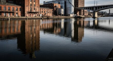 Industrial buildings and a bridge reflecting in the calm river water on a cloudy day. Urban landscape with architectural contrast for travel and city life concepts.