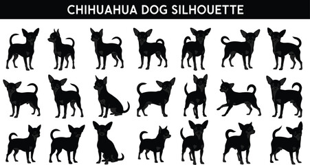 Collection of black chihuahua dog silhouettes in various poses on a white background