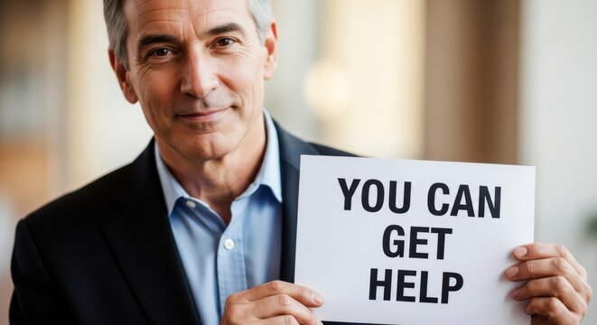 Mature man holding a sign that reads you can get help. Support and assistance concept for business, health, and personal growth.