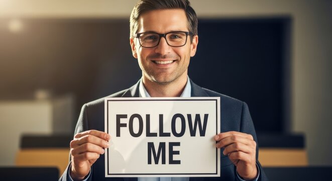 Man in glasses holding white sign with black text saying follow me. Business social media promotion and engagement concept.