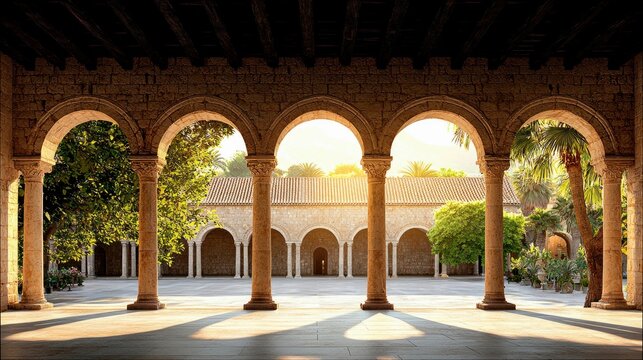 A sun-drenched courtyard viewed through a stone colonnade with arches and columns, featuring palm trees and lush greenery.