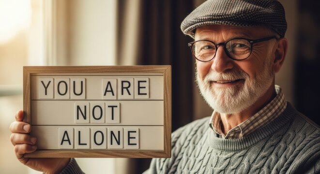 Elderly man holding a lightbox with message you are not alone. Support, care, and mental health awareness for senior aged people.