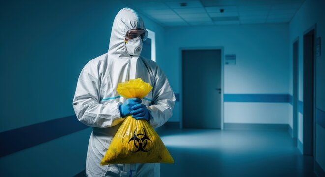 Man in hazmat suit holding yellow biohazard waste bag in hospital corridor. Pandemic, infection control, and medical waste disposal concept.