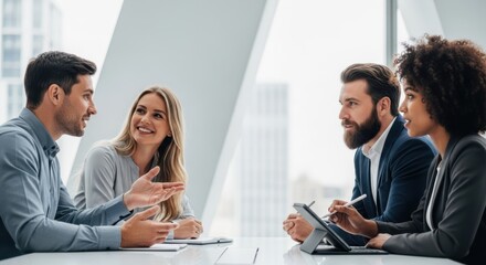 Man talking to woman in business meeting, sharing ideas and collaborating with colleagues for team success and strategic planning.