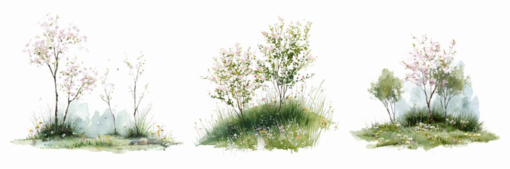 Spring watercolor set with blooming trees, flowers, and green meadows. Vector garden illustration featuring park landscape, forest scenery, and countryside nature perfect for seasonal spring projects. © Narin