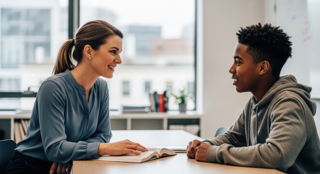 Woman teacher mentoring male pupil in classroom. Education and guidance concept in school. Happy student learning from female tutor.