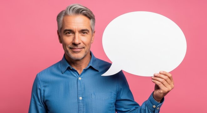Senior caucasian man showing blank speech bubble. Cheerful man holding empty thought cloud for message or idea. Communication concept.