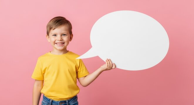 Happy boy holding blank speech bubble on pink background. Child with empty comment tag for text input. Young kid expressing idea or message with copy space.