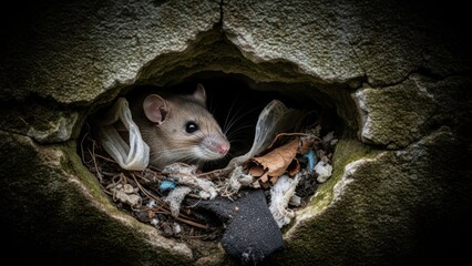 Fototapeta premium Rat hides in a hole filled with garbage and plastic. Urban pest problem, disease carrier, and environmental pollution concept. Wildlife in the city.