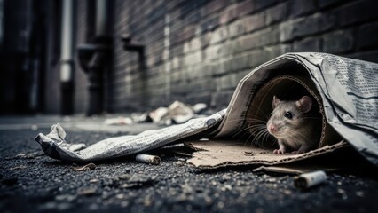 Cute mouse peeking out from a makeshift newspaper and cardboard shelter on a city street. Urban rodent searching for food and refuge in poverty conditions.