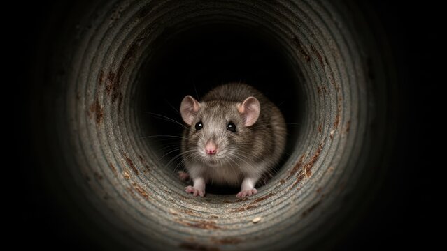 Rat looking out from dark tunnel. Cute rodent in corrugated pipe background for pest control concept or animal theme.