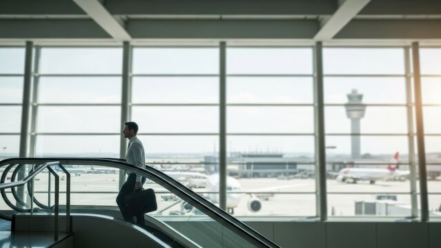 Man in formal wear standing on escalator at airport, carrying a briefcase. Businessman traveling for work or business trip. Finance and corporate lifestyle concept.