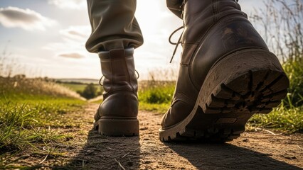 Person walking on a dirt path in durable boot. Hiking concept in nature with outdoor adventures for journey. Travel and wilderness exploration background.