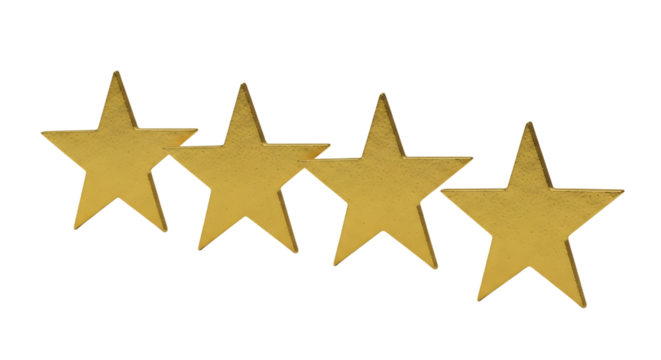 Four golden stars, arranged in a diagonal line with subtle texture, isolated on white or transparent background. PNG