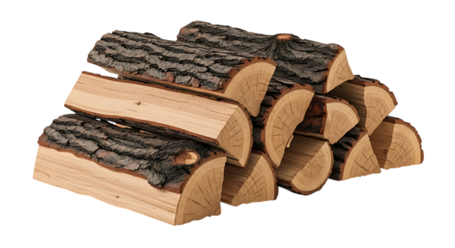 Stack of split logs with rough bark and light wood grain, isolated on a transparent background, cutout, PNG