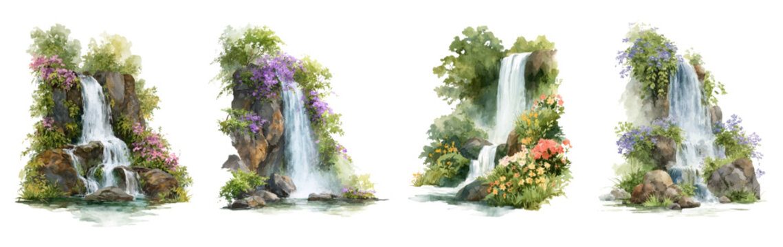 Beautiful waterfall collection featuring flowing water, river cascades, forest streams, and natural fountain scenes in vibrant watercolor vector art