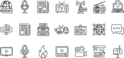 Collection of line art icons representing news and media concepts journalism broadcast