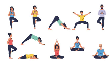 A collection of diverse people practicing various yoga poses. Set of flat character vector illustrations for fitness and wellness