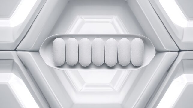 Pill organizer with tablets in sequence, clinical top view, geometric arrangement. STEM education sheets, lab safety posters, designed for biotech research communications.