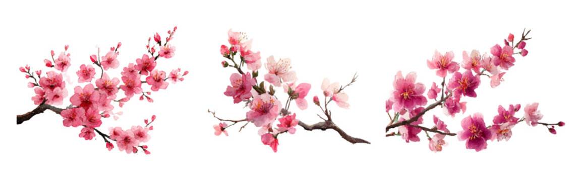 Watercolor set of branches of blooming sakura. Branch with pink spring flowers. Hand drawn botanical illustration. First spring flowers. Sakura on isolated on a clean background.