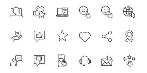 Feedback, rating outline icon set. customer experience and review linear icons collection. Review icon set. Containing Feedback, testimonial, ratings, comment, like, satisfaction, evaluation, survey.