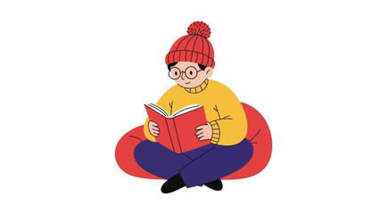 Cozy cartoon illustration of a young student with glasses and a winter hat, comfortably reading a book on a beanbag chair
