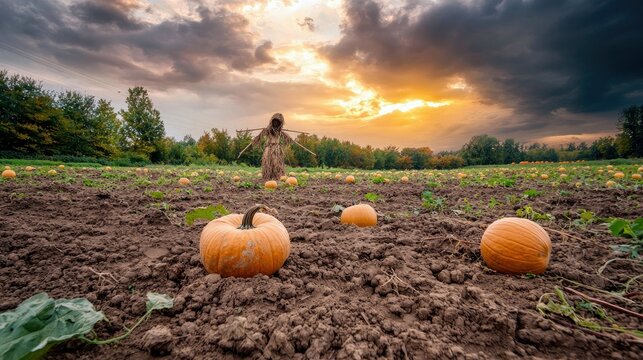 A scarecrow stands in a vast pumpkin patch under a dramatic sunset sky with dark, swirling clouds. Several pumpkins are visible in the foreground and throughout - Powered by Adobe