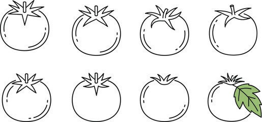 Eight simple line art illustrations of tomatoes with one tomato featuring a green leaf