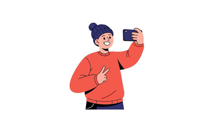 Man taking a selfie, wearing a beanie, smiling with a peace sign, vector illustration