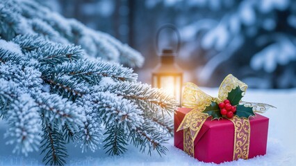 Christmas gift in red box with poinsettia and magical lantern by snowy fir tree in forest