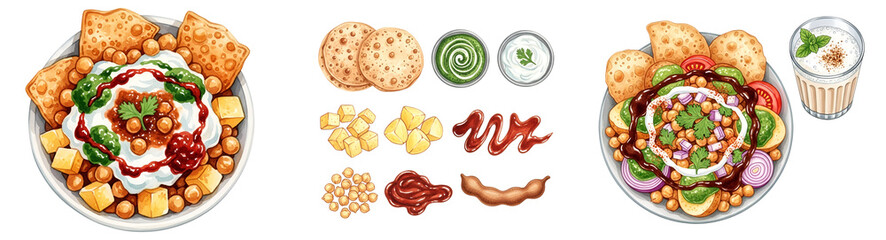 Obraz premium Illustration of two bowls of indian street food with various ingredients and a drink beside it on transparent background