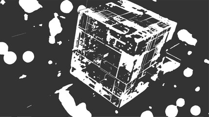 Abstract white cube object with scattered white circular and irregular shapes on a dark gray background